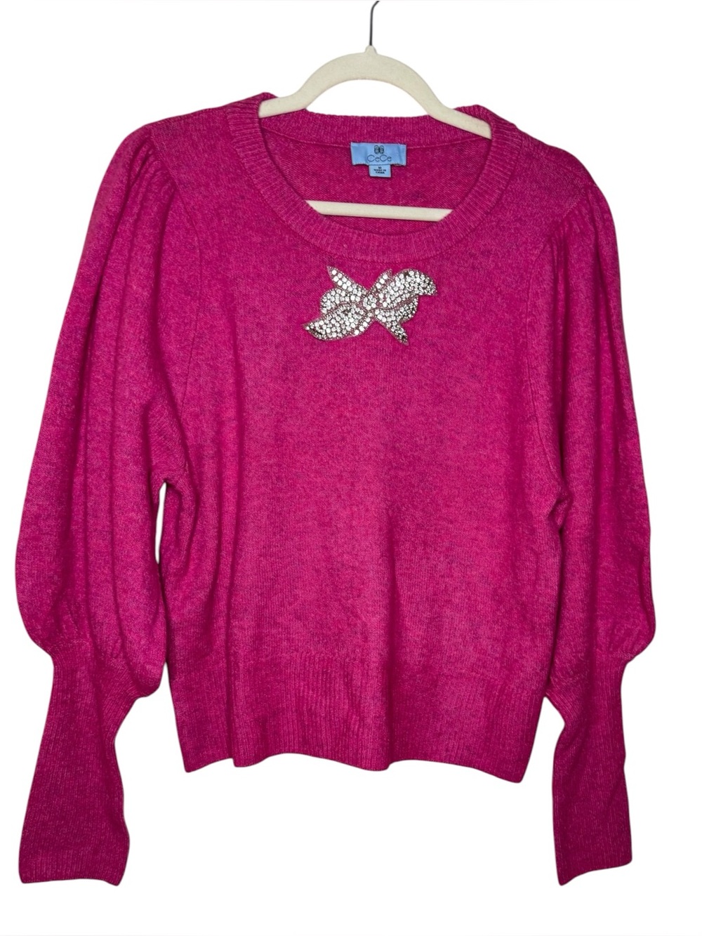 CeCe Bright Pink Puff-Sleeve Crewneck Sweater with Crystal Brooch Size M - Picture 3 of 7